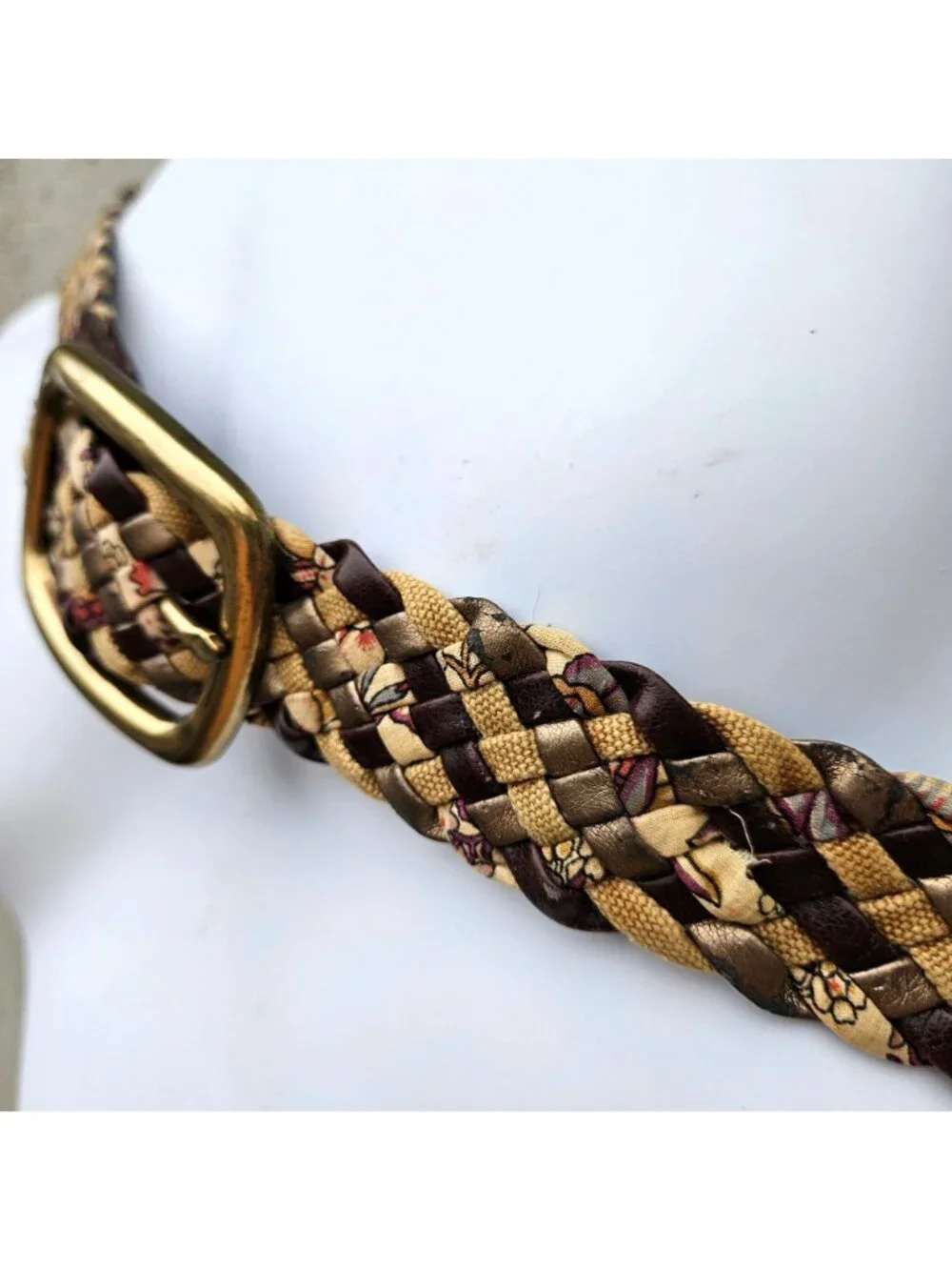 Vintage 70s Woven Leather Fabric Belt Brass Buckle Unisex One Size to 37